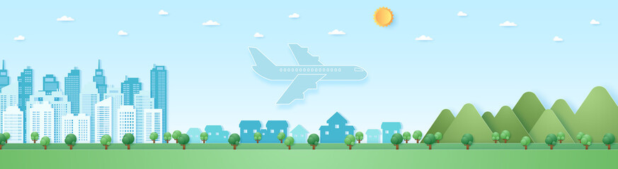 Eco city, Cityscape, Landscape, Building, village and mountain with blue sky and sun, airplane flying to destination, transportation, paper art style