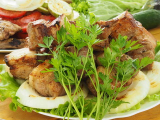 pork skewer with a bunch of fresh parsley on a plate. ready-made grilled meat.
