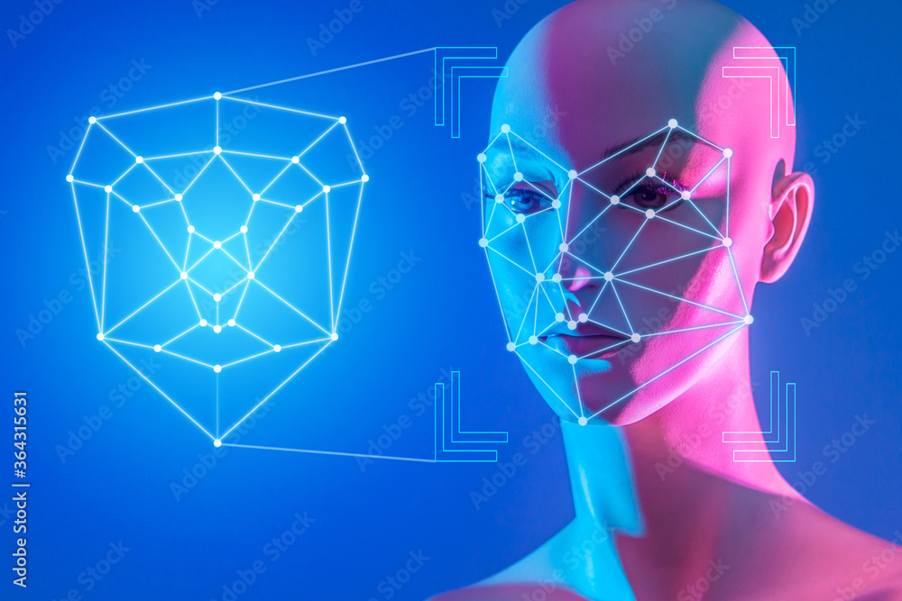 Poster biometric identification of people. control points on the face for creating an individual digital po