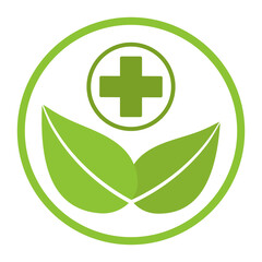 medical green pharmacy sign. leaf with a cross on a white background