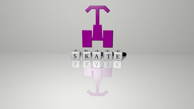 3D representation of skate with icon on the wall and text arranged by metallic cubic letters on a mirror floor for concept meaning and slideshow presentation. illustration and ice