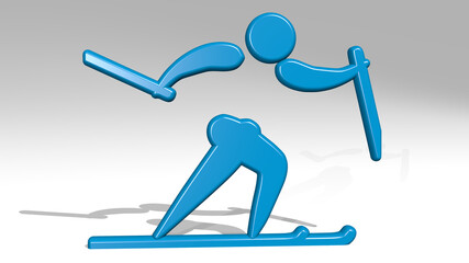athletic sport activity made by 3D illustration of a shiny metallic sculpture with the shadow on light background. athlete and active