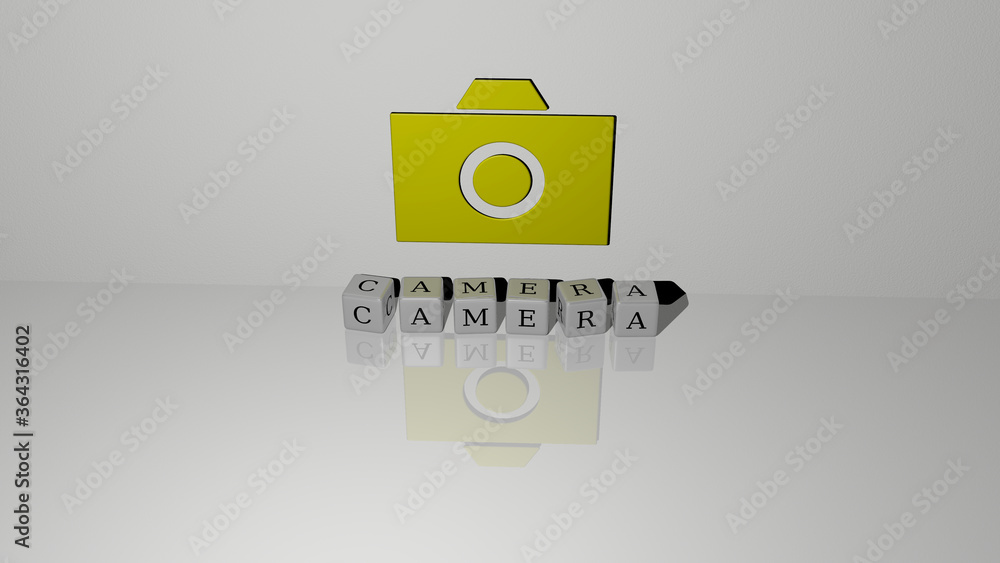 Fototapete 3d illustration of camera graphics and text made by metallic dice letters for the related meanings o