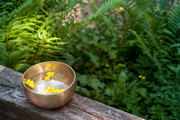 tibetan bowl made of seven metals with water and yellow flowers floating