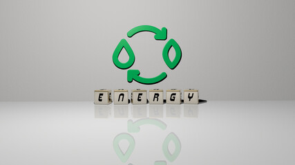 3D representation of energy with icon on the wall and text arranged by metallic cubic letters on a mirror floor for concept meaning and slideshow presentation. background and illustration