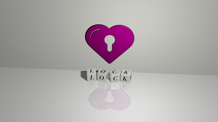 3D representation of lock with icon on the wall and text arranged by metallic cubic letters on a mirror floor for concept meaning and slideshow presentation. illustration and background
