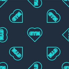 Green line Fitness gym heart icon isolated seamless pattern on blue background. I love fitness. Vector.