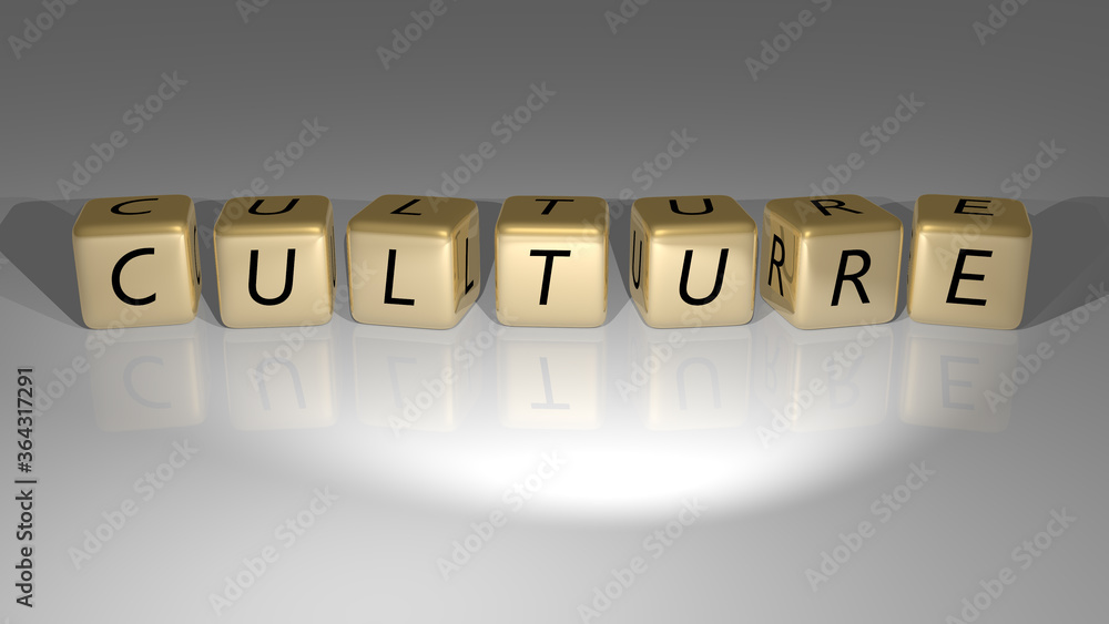 Poster 3d graphical image of culture vertically along with text built by metallic cubic letters from the to
