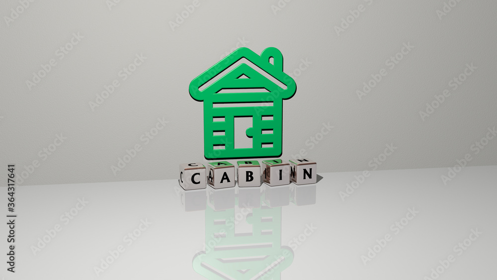Poster 3d illustration of cabin graphics and text made by metallic dice letters for the related meanings of