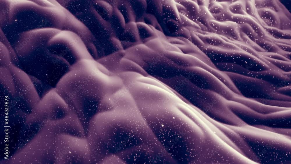 Poster abstract waves of soft black matte material with light inner glow and glitters on morphing surface. 