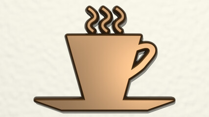 hot coffee cup from a perspective on the wall. A thick sculpture made of metallic materials of 3D rendering. background and illustration