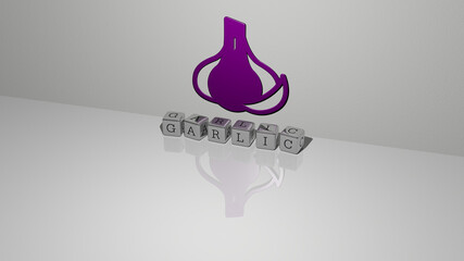 3D illustration of garlic graphics and text made by metallic dice letters for the related meanings of the concept and presentations. background and food