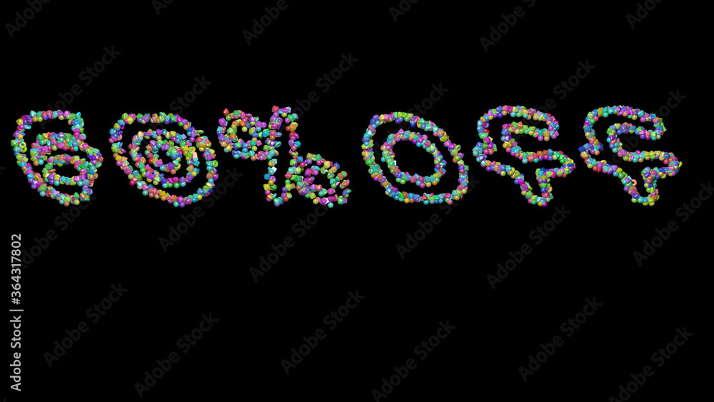 Poster colorful 3d writing of % off text with small objects over a dark background and matching shadow