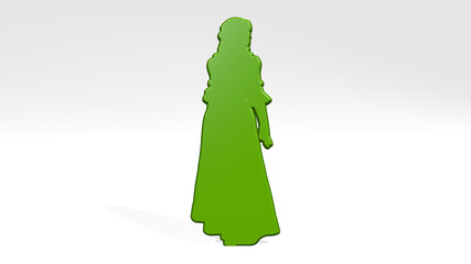 girl made by 3D illustration of a shiny metallic sculpture with the shadow on light background. beautiful and woman