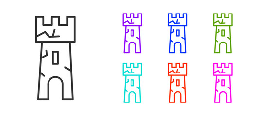 Black line Castle tower icon isolated on white background. Fortress sign. Set icons colorful. Vector.
