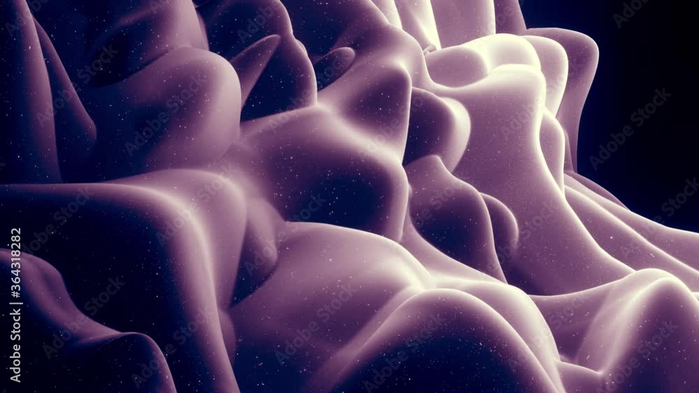 Poster abstract waves of soft black matte material with light inner glow and glitters on morphing surface. 