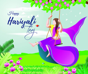 vector illsuatrtion of indian festival hariyali teej means green teej . married woman enjoy the festival with swing in monsoon on beautiful landscape backdrop.