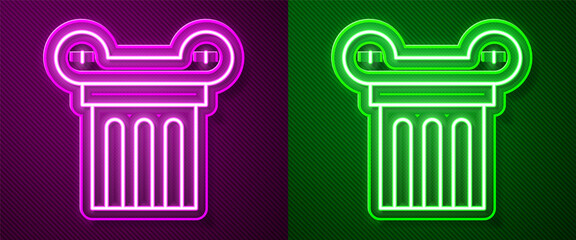 Glowing neon line Ancient column icon isolated on purple and green background. Vector.