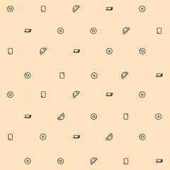 Breakfast themed seamless pattern background with bagel, croissant, toast, bun and coffee