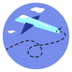 Vector graphics, the plane flies along the trajectory. Flat design.