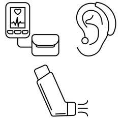 Vector graphics, set of Medical equipment icons, pressure meter, hearing aid, inhaler. Flat design.
