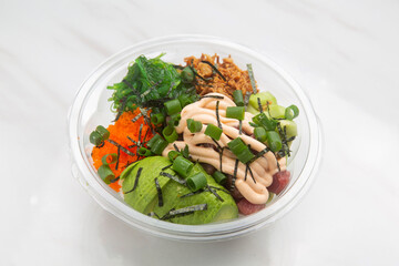 Poke Hawaiian dish, raw fish salad served as an appetizer or main course.