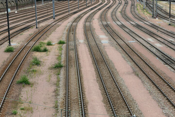 Set of railway tracks in perspective. Rails for passing trains.