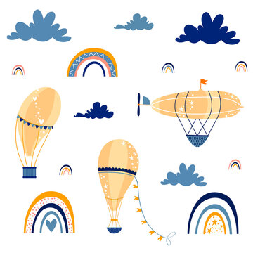 Set with balloons and airship. Rainbow vector illustration for children © Viktoria