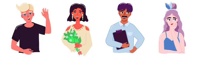 The illustration shows four people: 2 men and 2 women. They are different, but they are in a good mood. Illustrations can be used, for example, for avatars or stickers.