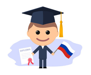 Cartoon graduate with graduation cap holds diploma and flag of Russia