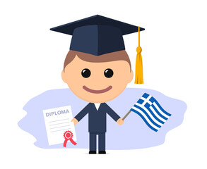 Cartoon graduate with graduation cap holds diploma and flag of Greece