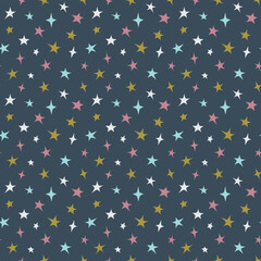 Colorful stars, night sky seamless pattern. Blue, pink, golden star pattern for print, background or fabric.