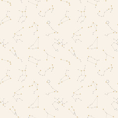 Zodiac constellations seamless pattern design. Zodiac with stars and dashed line in gold and grey pattern for print or fabric.