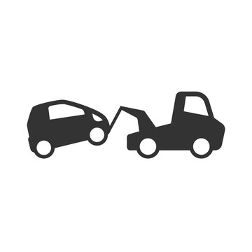 Towing wrecker truck and car simple  vector icon. Car accident, wreck or tow help service black glyph symbol. 