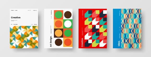 Fototapeta premium Company identity brochure template collection. Business presentation vector A4 vertical orientation front page mock up set. Corporate report cover abstract geometric illustration design layout bundle.