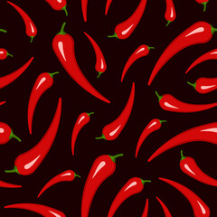 Red chili pepper seamless background. Pattern chili papper. Spicy fresh vegetable, healthy cooking ingredient. Ripe hot red chili peppers. Vector flat