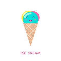 Vector illustration of cartoon funny ice cream with happy smiling face for kids designs and decorations, isolated on white.