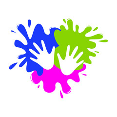 Children's hands on paint stains. Concept of children's visual creativity center. Hand drawing. Creativity, growth, talent. Children Science And Education. Kids art studio logo. Vector illustration.