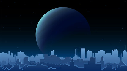 Night city landscape with a large planet on the horizon and the silhouette of a modern city with high-rise buildings. Blue night city landscape © DDevicee