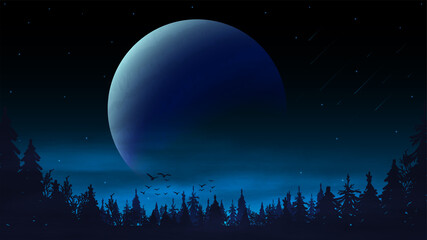 Night landscape with a large planet on the horizon and the silhouette of a pine forest. Blue night space landscape