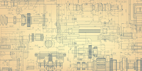 Fototapeta premium Retro technology drawing .Engineering plan scheme .Mechanical Engineering drawing .Computer aided design systems.Industrial Technology Banner.Vector illustration . 