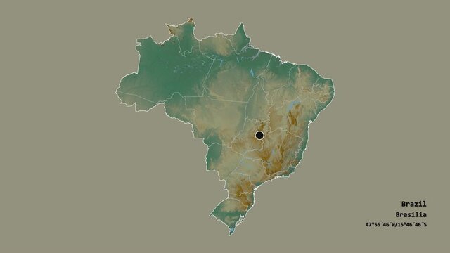 Pernambuco, state of Brazil, with its capital, localized, outlined and zoomed with informative overlays on a relief map in the Stereographic projection. Animation 3D