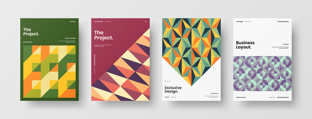 Obraz premium Company identity brochure template collection. Business presentation vector A4 vertical orientation front page mock up set. Corporate report cover abstract geometric illustration design layout bundle.