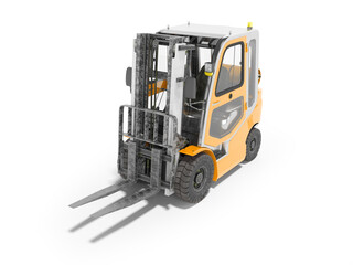 3d rendering orange forklift with cab on white background with shadow