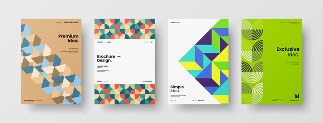 Fototapeta premium Company identity brochure template collection. Business presentation vector A4 vertical orientation front page mock up set. Corporate report cover abstract geometric illustration design layout bundle.