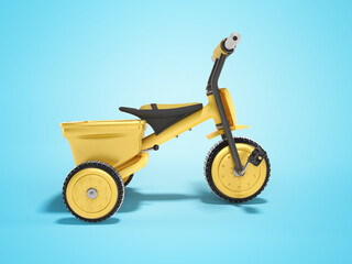 Fototapeta premium 3D rendering yellow tricycle for child side view on blue background with shadow