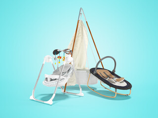 3D rendering set for sleeping baby, rocking crib and rocking chair with toys on blue background with shadow