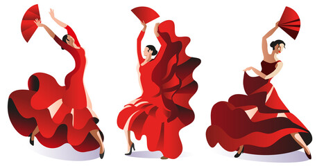 Three women in red dresses with fans dance flamenco. Vector illustration. - obrazy, fototapety, plakaty