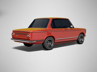 Fototapeta na wymiar 3D rendering red classic car with tinted windows rear view on gray background with shadow