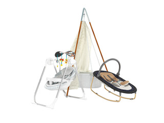 3D rendering set for sleeping baby, rocking crib and rocking chair with toys on white background no shadow